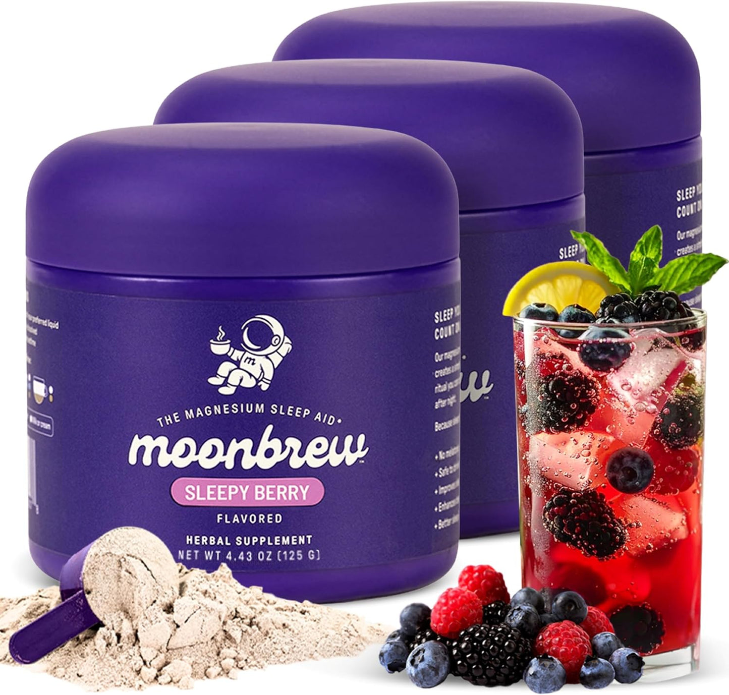 MoonBrew Nighttime Magnesium Sleepy Berry Smoothie, Natural Sleep Aid Drink Mix for Adults, 3-Pack - Calming Melatonin-Free Sleep Support with L-Theanine, Chamomile & Zinc Glycinate - 75 Servings