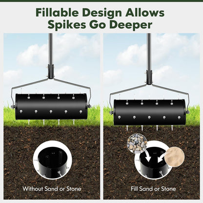 S AFSTAR 18" Manual Lawn Aerator, Heavy Duty Rolling Aerator Lawn Tool Filled Sand Stone with 51" Detachable Handle & Tine Spikes for Soil Loosening, Push Grass Aeration for Garden Yard, Black