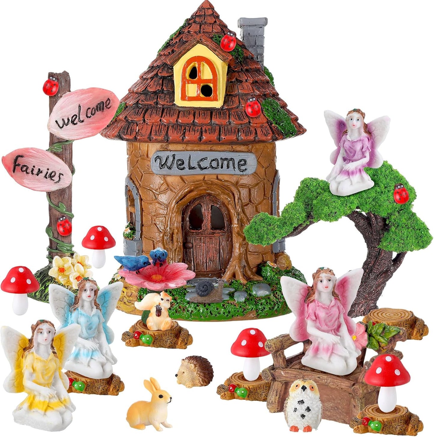 Leyndo 28 Pcs Solar House Garden Accessories Fairy Light up Fairy Figures Garden Kit Resin Miniature Mushroom House Figures Micro Landscape Ornaments (Fresh)