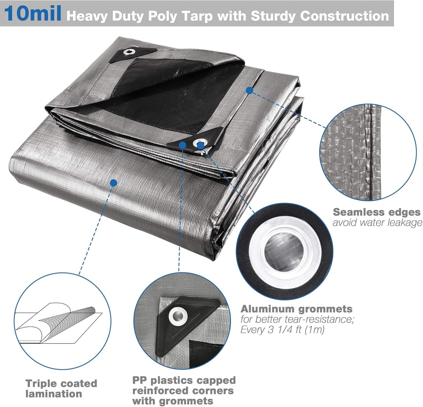 Yescom 12x16ft Heavy Duty Reinforced Poly Tarp 10-mil Waterproof Tarpaulin Ground Sheet Camping Tent Cover with Eyelets Reversible Silver Black Tarps