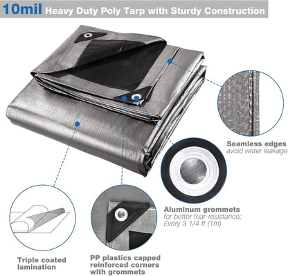 Yescom 12x16ft Heavy Duty Reinforced Poly Tarp 10-mil Waterproof Tarpaulin Ground Sheet Camping Tent Cover with Eyelets Reversible Silver Black Tarps