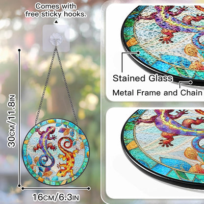 Stained Glass Window Hanging - Gecko Sun Catchers Colorful Glass Panel Suncatcher Indoor Decor Window, Housewarming Birthday Gifts for Women, Wife, and Mom - 6.3 inch