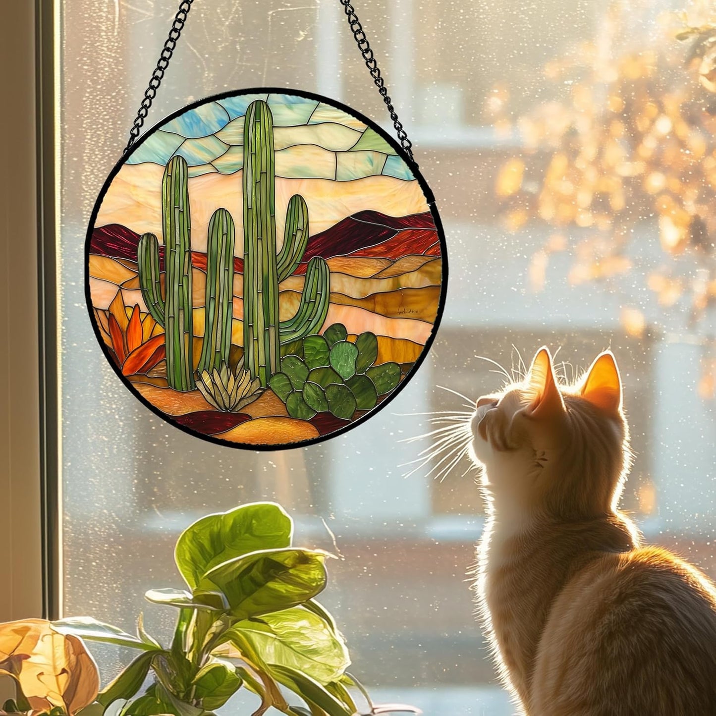 Stained Glass Window Hanging, Green Cactus Sun Catcher for Door Terrace Garden Home Decor, Abstract Desert Landscape Suncatcher Birthday Gifts for Lovers Women Men Dad Mom Nana 6.3