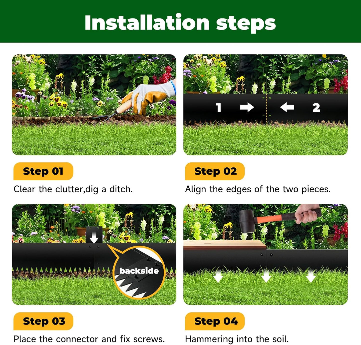Black Steel Garden Edging with Top Bending Protection Metal Lanscape Edging Steel Garden Lawn Edging 40 inch Strips, Metal Edging for Garden,Lawn,Backyard, 6 Pack (10 inch-180 Degree Bend, Black)
