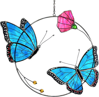 2 Morpho Butterfly Stained Glass Window Hanging - Handmade Suncatcher Real Glass - Blue Menelaus Butterflies Light Catcher Elegant Gifts for Mother, Women, Grandma (Gifts-Box provided)