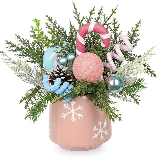 Christmas Centerpieces for Tables, Small Christmas Table Arrangements with Ceramic Vase Pink & Blue Winter Holiday Table Centerpiece with Pine Branches Candy Cane Decor for Tabletop Dinner Tables