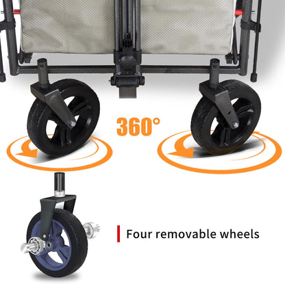 Collapsible Foldable Wagon Cart with Quick-Release Wheels & 2 Seats - Heavy-Duty Utility Wagon 265LBS Capacity for Camping, Garden, Shopping (Beige)