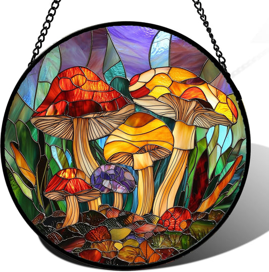 Stained Glass Window Hanging, Jungle Mushrooms Sun Catchers Diamond Glass Panel Hangings Plant