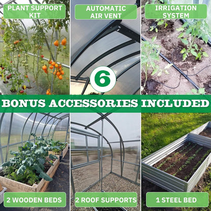 Polycarbonate Tunnel Greenhouse, Weather Resistant & Easy Assembly Greenhouses - Expandable Greenhouse for Outdoors, Garden House Tunnel with 6 Bonus Accessories & 10 Yr Frame Warranty(10x13 FT)