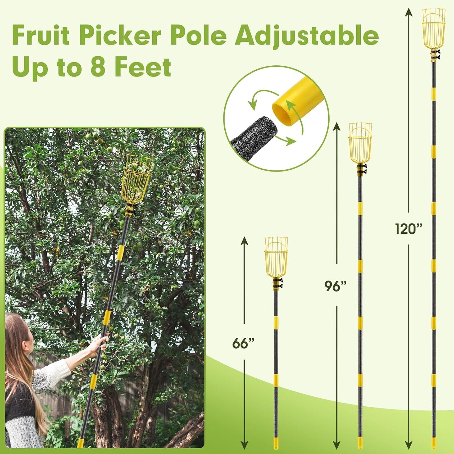 INFLATION Fruit Picker Tool,Apple Picker Pole with Basket,8 FT Adjustable Fruit Picker Pole with Basket Telescoping,Sturdy Basket with Foam Pad for Picking Avocado Acorn Lemon Pear Mango……