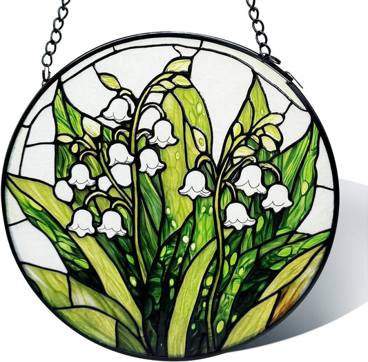 Stained Glass Window Hanging, Lily of The Valley Flower Diamond Glass Panel Suncatcher Green Plant