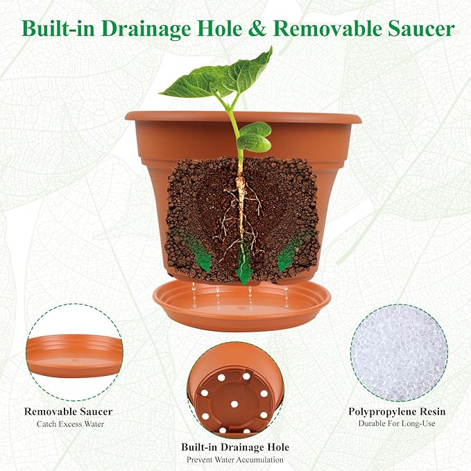 9 Inch Plastic-Flower Pot-for-Indoor Plants, 4 Pack Large Outdoor Planter Pot with Drainage Holes & Saucers, Resin Decorative Garden Pots Planters
