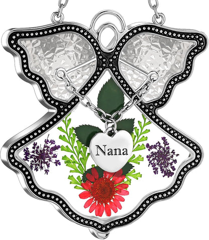 KY&BOSAM Angel Suncatcher Nana Stained Glass for Windows Hangings Wind Chime Home Decor with Pressed Flower in Glass and Metal Charm Birthdays Gifts for Women Nana Mothers Day Valentine's Christmas