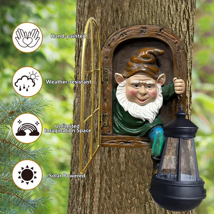 Fairy Garden Statues Gnomes Solar Lantern - Halloween Elf Out The Door Tree Hugger Figurines Fence Wall Yard Art Home Decor Outdoor Tree Face Sculpture, Ideal Thanksgiving Decorations
