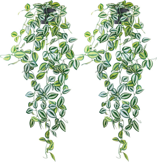 LOYWREE 2 Pack Fake Hanging Plants - Small Potted Plants with Green Eyebrow-Leaf Trailing Vines