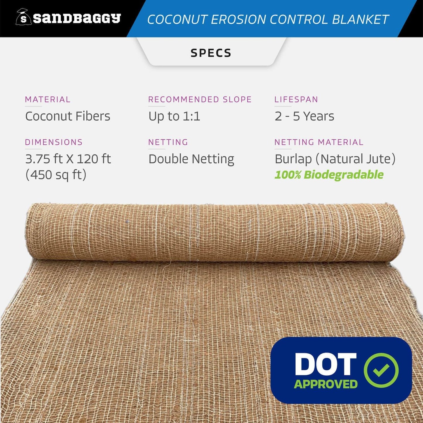 Sandbaggy Coconut Erosion Control Blanket – 3.75 ft x 120 ft Coir Mat for Soil Retention, Slope Stabilization, Plant Growth & Ground Cover – Ideal for Hillsides & DOT Projects - 1 Roll (450 sq ft)