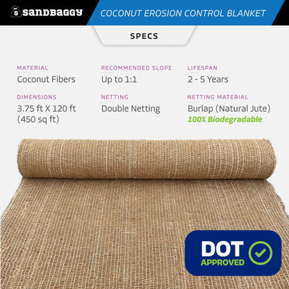 Sandbaggy Coconut Erosion Control Blanket – 3.75 ft x 120 ft Coir Mat for Soil Retention, Slope Stabilization, Plant Growth & Ground Cover – Ideal for Hillsides & DOT Projects - 1 Roll (450 sq ft)