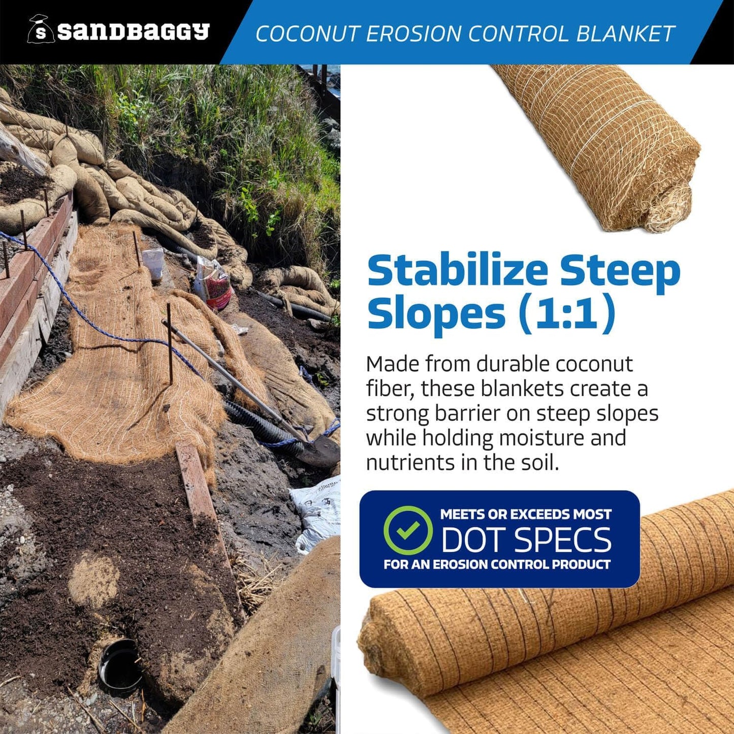 Sandbaggy Coconut Erosion Control Blanket – 3.75 ft x 120 ft Coir Mat for Soil Retention, Slope Stabilization, Plant Growth & Ground Cover – Ideal for Hillsides & DOT Projects - 1 Rolls (450 sq ft)
