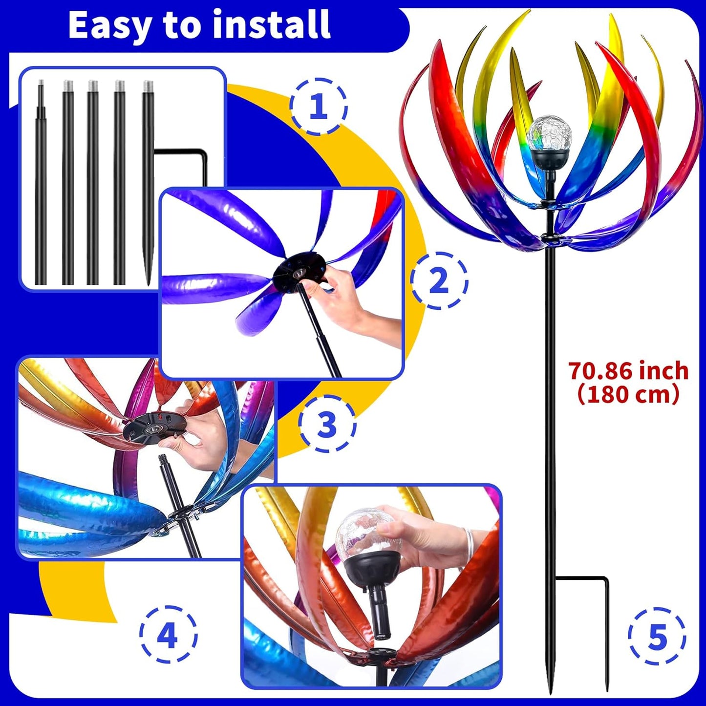 Wind Spinners Outdoor for Yard and Garden - Wind Sculptures & Spinners,70 Inch Wind Spinner with Solar Powered Multi-Color Glass Ball Light for Yard Garden Backyard Lawn Decorations