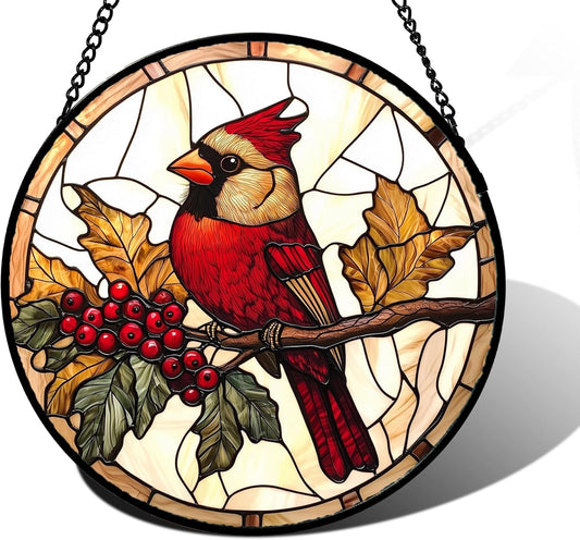 Stained Glass Window Hanging, Birds on a Branch Cardinal Sun Catchers Diamond Glass Panel Hangings
