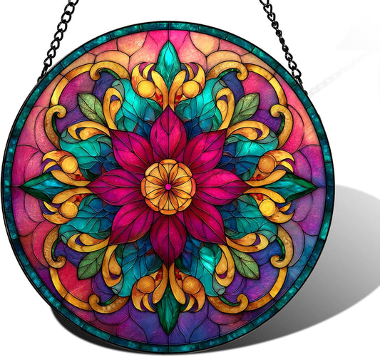 Bohemian Mandala Stained Glass Window Hanging Sun Catcher Indoor Outdoor Home Garden Panel Hangings