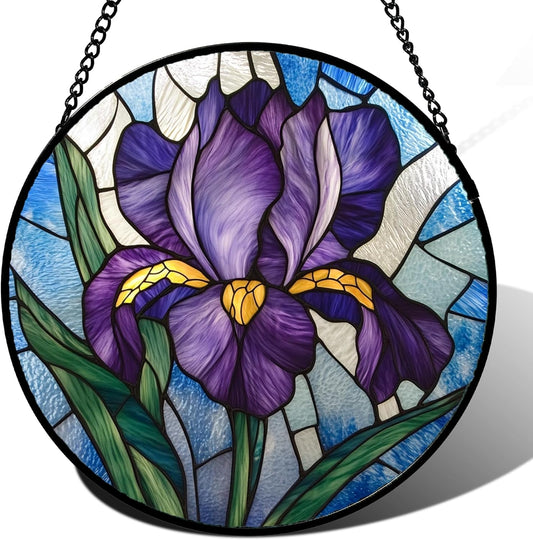Stained Glass Window Hanging - Iris Birth Flower Suncatcher for Doors Garden Yard Purple Blue Sun