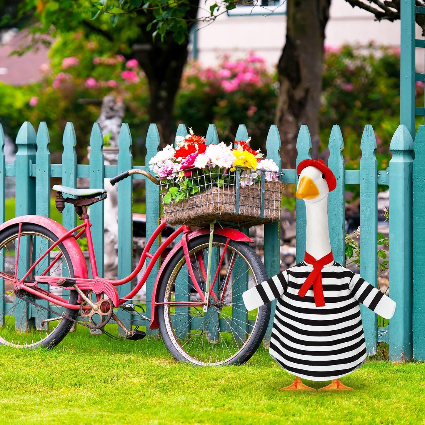 French Look Porch Goose Outfit Set for Cement Lawn Artist Hat Beret Red Scarf Black White Striped for Outdoor