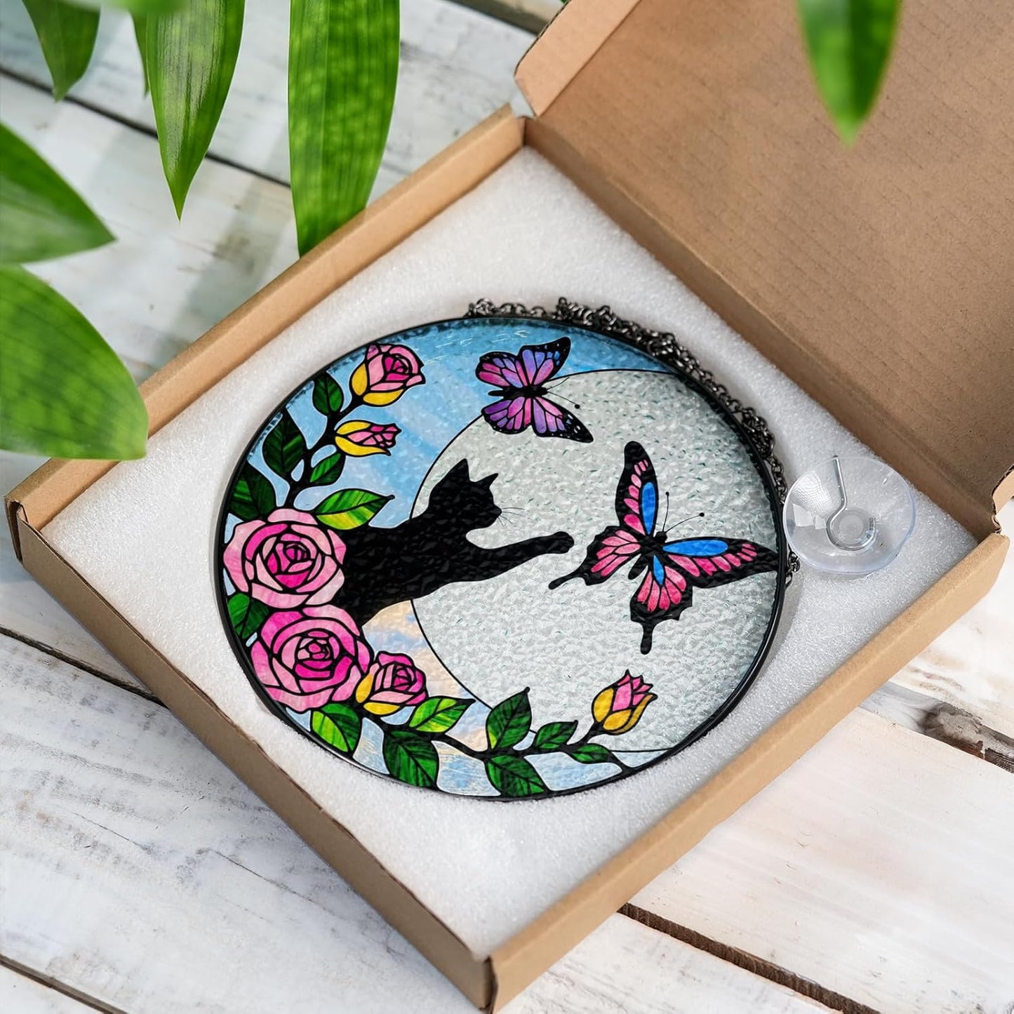 Black Cat Butterfly on Moon Window Hanging, Pet Stained Glass Suncatcher, Gift Ideas for Pet Lovers, Pet Decorations for Home, Birthday Gifts for Grandma Mom Women, Memorial Gift for Cat Loss