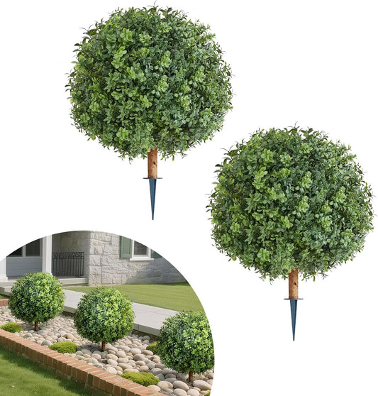 VEVOR Artificial Topiary Boxwood Trees with Ground Spike, 22 inch 2 Set Faux Shrubs & Bushes Potted Plants, Fake Silk Tree Look Real for Decor Front Porch Outdoor Indoor Patio Garden Balcony Backyard