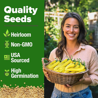 HOME GROWN Banana Pepper Seeds 2 Pack (Capsicum annuum) – 188 𝗡𝗢𝗡-𝗚𝗠𝗢, 𝗨𝗦𝗔-𝗦𝗢𝗨𝗥𝗖𝗘𝗗 Heirloom Seeds, High Germination Vegetable Seeds – Growing Sweet Banana Peppers Indoors or Garden