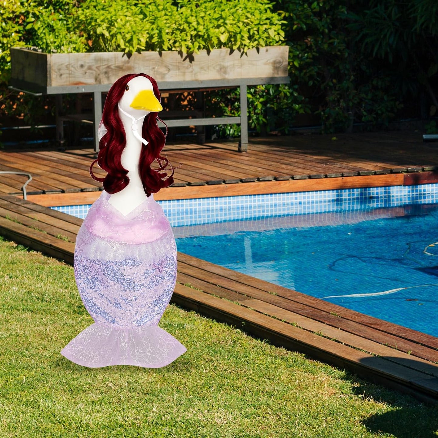 Mermaid Porch Goose Outfits with Red Wigs Colorful Mermaid Goose Costume for 23" Cute Porch Geese Statue Clothes for Summer Outdoor Patio Yard Lawn Decor