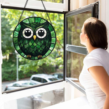 Stained Glass Window Hanging - Green Owl Suncatcher for Doors Garden Patio Funny Bird Sun Catchers Decor Christmas Mother's Day Birthday Teenager Gifts for Women Men Mom Nana Friend 15 in