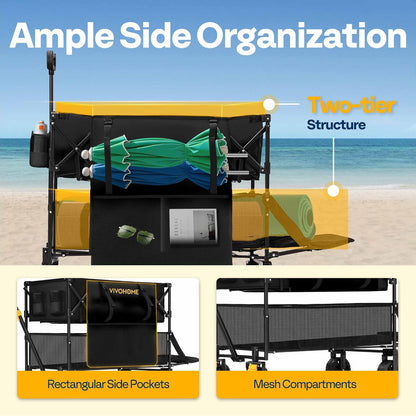 VIVOHOME 400L Large Capacity Double Decker Collapsible Wagon 500lbs Heavy Duty Utility Folding Cart with Big Wheels 53" Extended for Camping, Sports