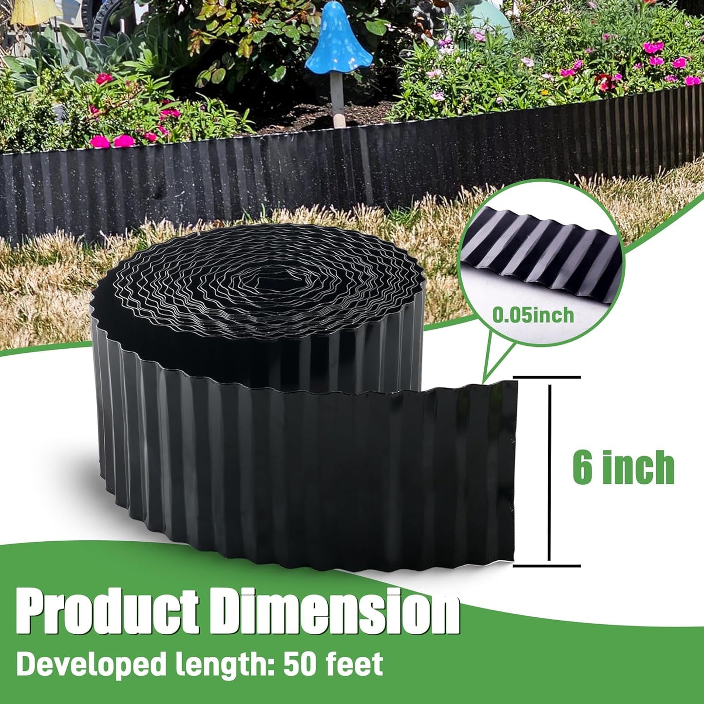 Metal Corrugated Garden Edging, Landscape Edging for DIY Flower Beds, Flexible Bender Border for Lawn, Garden and Yard, Galvanized Garden Edging (Black, 6 Inch x 50FT)