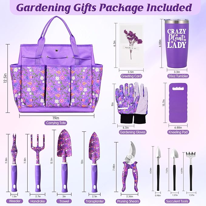 Gardening Gifts for Women, Gardening Tools for Women, 14 PCS Garden Tools Set Kit with Garden Tool Bag, Plant Lover Christmas Birthday for Mom Grandma Aunt, Purple