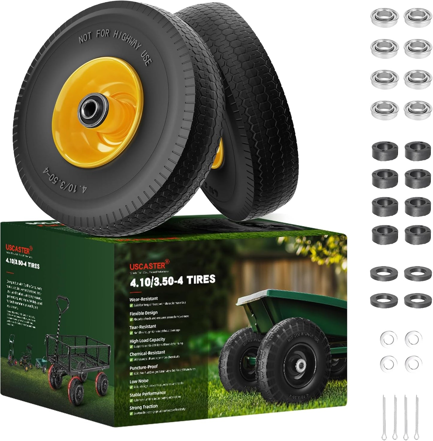 4.10/3.50-4 Tire and Wheel Flat Free,10-Inch Solid Wheel Replacement with 5/8 Extra 3/4 &1/2 Bearings,2.2" Offset Hub -Compatible with Hand Truck,Wheelbarrow,Dolly(Wave,Yellow)