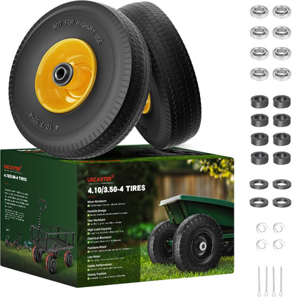 4.10/3.50-4 Tire and Wheel Flat Free,10-Inch Solid Wheel Replacement with 5/8 Extra 3/4 &1/2 Bearings,2.2" Offset Hub -Compatible with Hand Truck,Wheelbarrow,Dolly(Wave,Yellow)