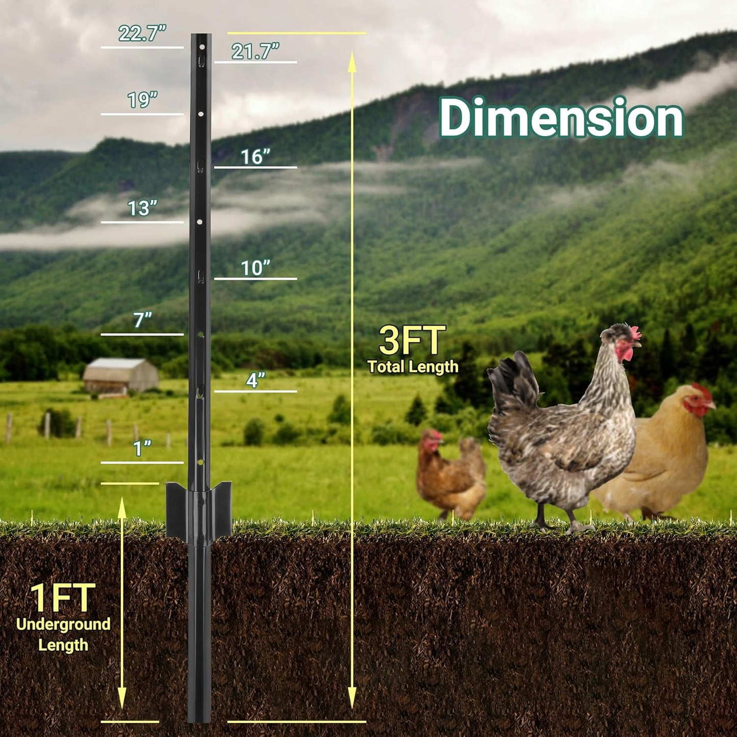 Fence Posts 3 Feet - 16 Pack, Heavy Duty Metal Fence Post, No Dig U Post for Farm, Garden, Orchard and Outdoor Wire Fencing (Black)