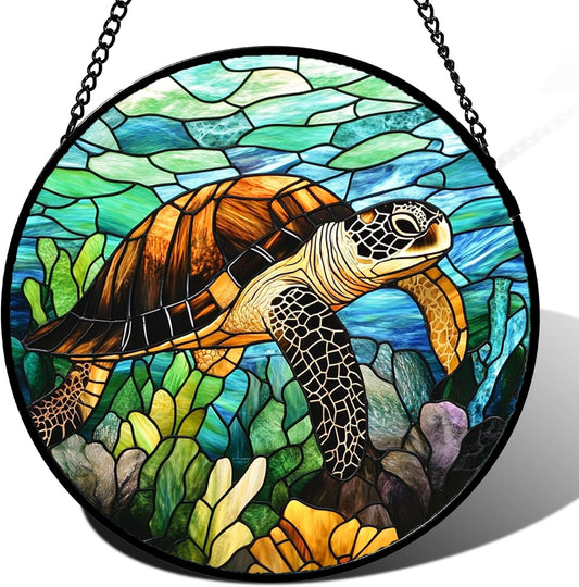 Stained Glass Window Hanging - Cute Sea Turtle Suncatcher for Door Garden Yard Blue Ocean Sun