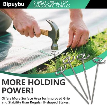 60 Pcs Landscape Staples - Landscape Fabric Pins - 6 Inch Galvanized Steel Garden Stakes, G-Shape Circle Top Ground Anchor Pins, for Weed Barrier, Landscape Fabric, and Garden Projects