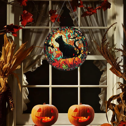 Stained Glass Window Hanging, Halloween Decorations Black Cat Maple Leaf Suncatcher for Doors Garden Indoor Funny Spooky Sun Catchers Gothic Decor for Women, Men, and Mom 8 in