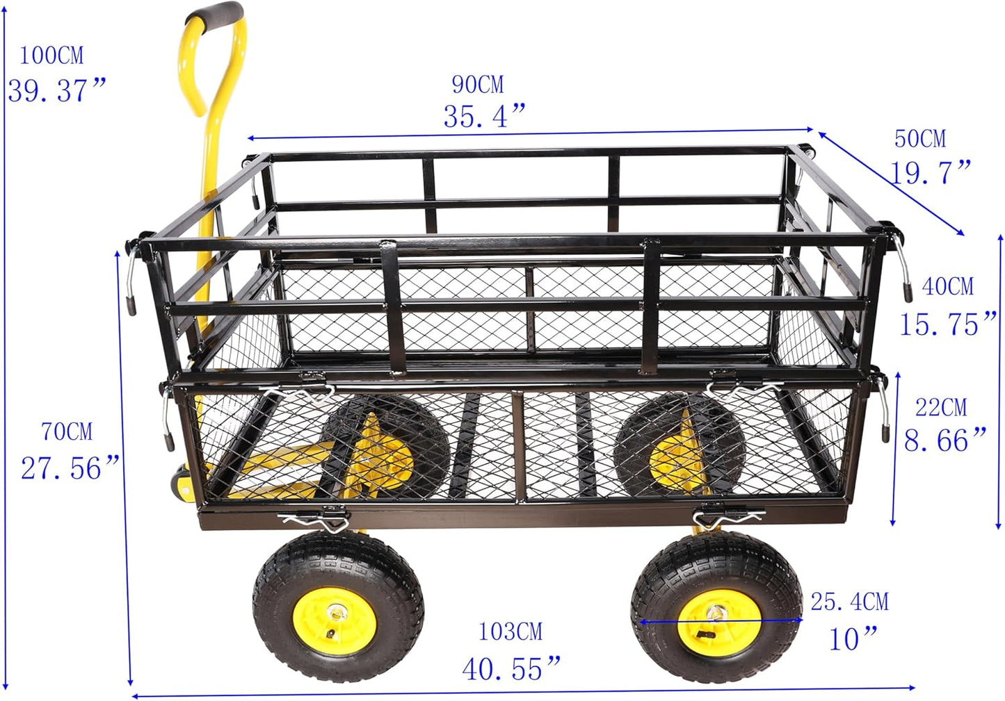Heavy Duty Garden Wagon with Foldable Sides, Pneumatic Tires, Adjustable Handle (Yellow + Black Double Layer)