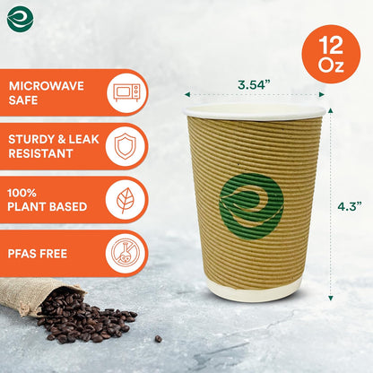 ECO SOUL 12oz Compostable Ripple Cups (50 Pack) – Biodegradable Paper Cups, Non-Toxic Disposable Cups for Hot Drinks, To-Go Coffee Cups, Eco-Friendly & Ripple Paper Cups