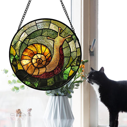 Stained Glass Window Hanging, Green Orange Snail Sun Catcher for Door Home Decor Suncatcher Christmas Mother's Day Birthday Gifts for Women Men Mom and Nana 15 in