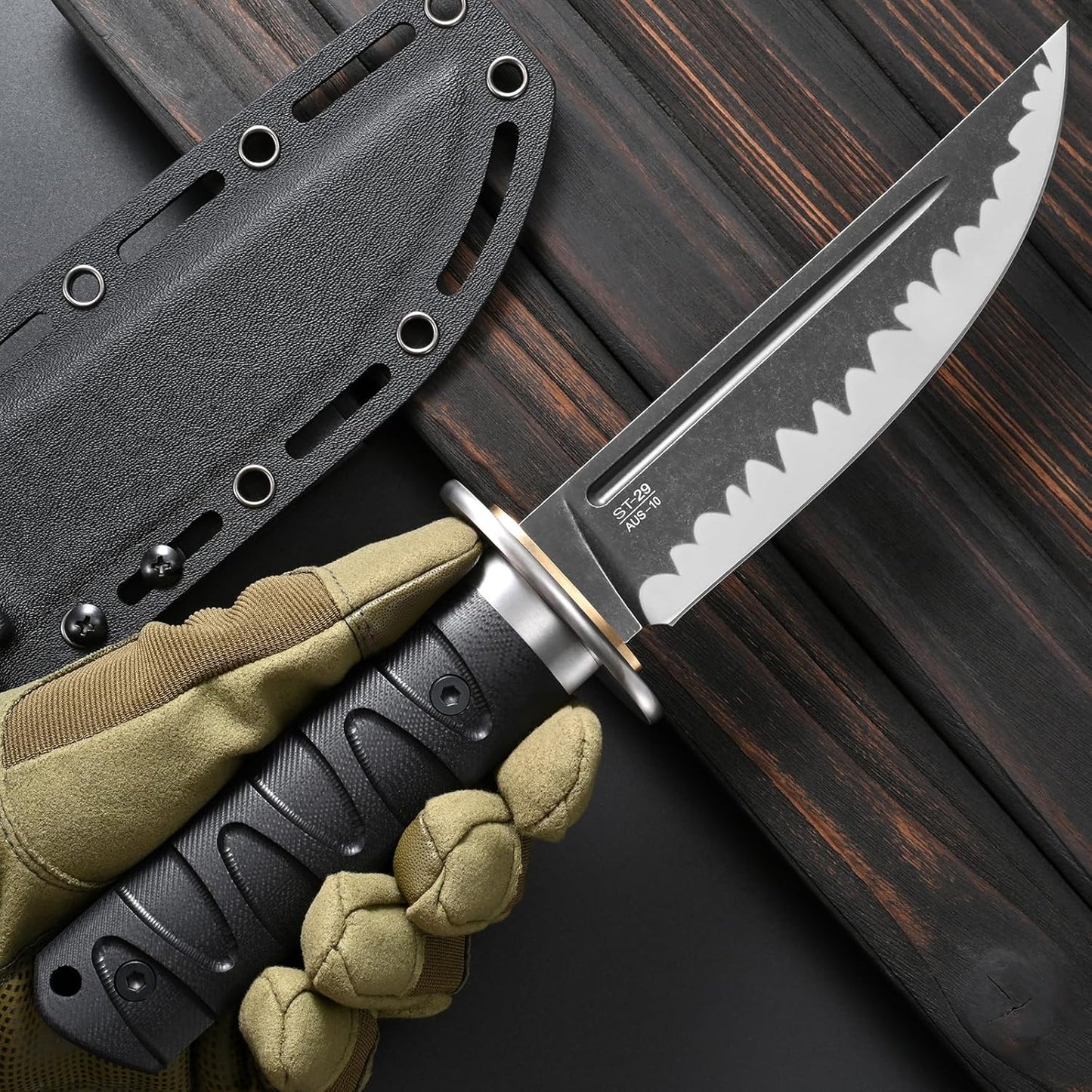 Sitivien ST29 Fixed Blade Knife, AUS-10 Steel Blade G10 Handle Full Tang Bowie Knife for Outdoor Camping Hunting Fishing Working(Black)