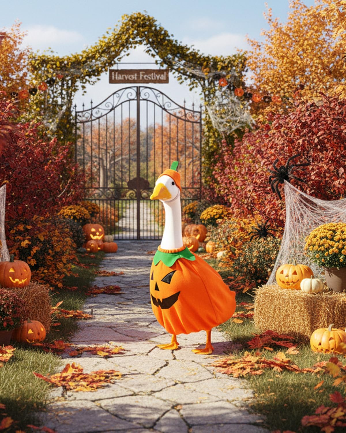 Helloween Porch Goose Outfits, 2 Pcs/Set Pumpkin Lawn Cement Goose Clothes, 23" Patio Yard Garden Geese Costume Decoration