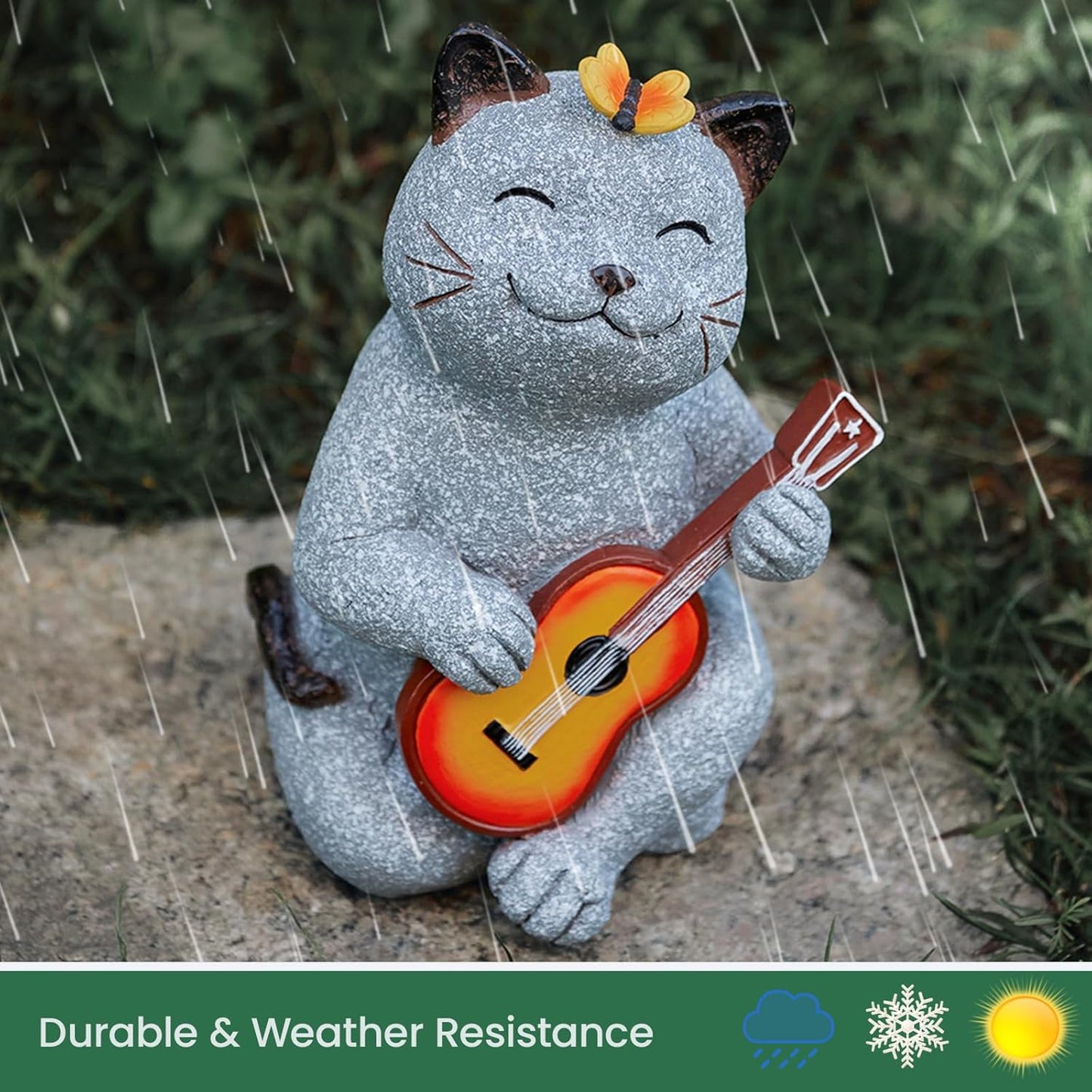 Cat Garden Statue Outdoor Decor, Cat Sculpture with Guitar and Butterfly for Yard Lawn Patio Balcony, Christmas Birthday Housewarming Gifts for Mom, Grandma, Women, 8.8 inch, Resin