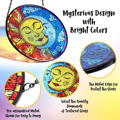 Sun and Moon Decor Stained Glass Boho Suncatcher for Windows Hanging Sun Moon Eclipse Celestial Decor for Garden Living Room Conservatory Witchy Gifts for Women Christmas Thanksgiving Gifts