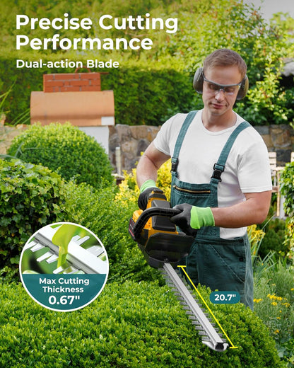 20'' Hedge Trimmer Cordless with 2pcs 4000mAh Battery, Electric Handheld Bush Clipper with Rechargeable Batteries, 3000RPM 180° Rotatable Head, 2/3'' Blade Gap, Yellow