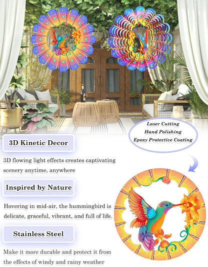Hummingbird Wind Spinner-3D Metal Hanging Wind Spinners, Perfect Ornament Gifts for Women/Men, 12 Inch Spinfinity Wind Spinner for Outdoor & Indoor Decorations, Yard Art, Garden Decoration